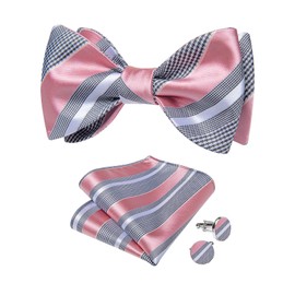 DiBanGu Mens Silk Self Bow Ties,Woven Solid Striped Paisley Bowtie and Pocket Square Cufflinks Set for Men Tuxedo Wedding, Pink and Grey