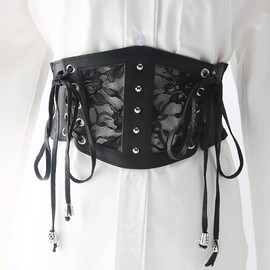 Women Corset Belt Elastic Tied Waspie Belt Lace Vintage Croset Lace Up Cinch Belt Clothing Belt for Dress, Fits Waist 25.5-30.5 inches, Black