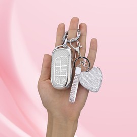 Meruns for Jeep key fob cover with Diamond Bling Keychain, Full Protection for Jeep Grand Cherokee Renegade Compass Durango Charger Dodge Challenger Car Accessories Key holder Shell,Silver Clear