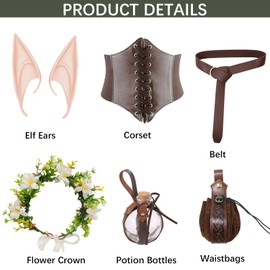 Maazusa Women Renaissance Fairy Costumes Set, edieval Dress Hooded Robe High Waist Dress Medieval Women Costume with Headband Pouch Belt Water Bottle Holster and Elf Ears (L)