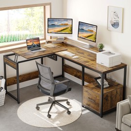 YITAHOME L Shaped Desk with Lift Top, 65" Adjustable Standing Desk with File Drawer, Corner Computer Desk with Storage Shelves,Home Office Desk, Rustic Brown