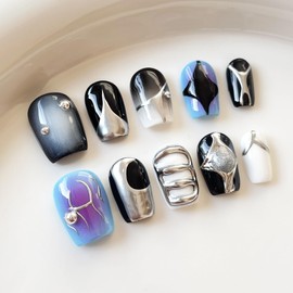 [GLORS] Purely Handmade Short Press On Nails | AI Cyberpunk Style Wearable Fake False Nails | Salon Quality with Metallic Short Nail Art in Short Square (XS,SS)
