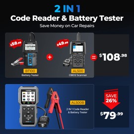 TOPDON AL500B OBD2 Scanner Battery Tester 2 in 1 Code Reader, Full OBDII Diagnosis, 12V Battery Tests & 12V/24V Cranking Tests, Charging Tests, Scan Tool, Car Diagnostic Tool for All OBDII Cars