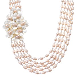 Graceful Cultured Freshwater Pearl and Crystal Bead Floral Cluster Statement Necklace