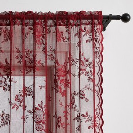 Cortinas de cocina de encaje burdeos de 36 pulgadas de longitud para recámara, departamento, bolsillo para barra, filtrado de luz, cortinas de encaje para ventana pequeña, decoración de privacidad