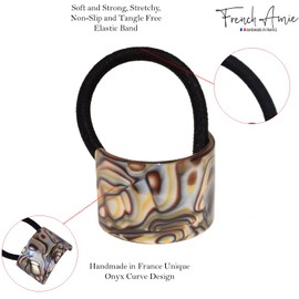 French Amie Canopy Curve Silver Onyx Grey 1 1/2" Celuloide hecho a mano en Francia Cola de caballo antideslizante flexible elástico para niñas y mujeres