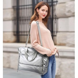 Bagtopia Tote Bag for Women, Large Quilted Puffer Women Tote Bag with Zipper, Lightweight Puffy Shoulder Handbag with Yoga Mat Holder & Crossbody Bag for Travel, Work, Beach, Gym, Shop (Silver)