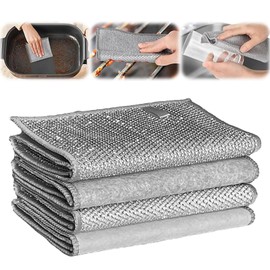 Kisstta Cleaning Cloths, Pack of 4 25 cm x 25 cm Cleaning Cloths, Steel Sponge Double Layer Cleaning Cloths, Dish Cloths, Kitchen Cloths, Stainless Steel Sponge, Scratch-Resistant Cleaning Cloth, Tea