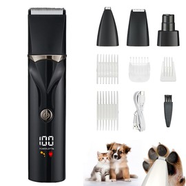 Meecioo Dog Grooming Kit with LCD Display, 4 in 1 Dog Hair Trimmer for Paw Nail Grinder, Rechargeable Cordless Pet Cat Clippers, Professional Pet Paw Trimmer Nail Grinder Low Noise. Black