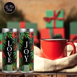 Peace, Love, and Joy Christmas Tea Gift Box | 1 Tin of Peppermint Green Tea, 1 Tin of Decaf Chai Tea, and 2 Honey Stirrers | Premium Pyramid Tea Bags | Holiday Gift Set for Tea Lovers