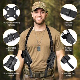 Universal Shoulder Holster for Men Adjustable Leather Gun Holster for Concealed Carry with Double Magazine Pouch Fits 1911, Glock 17/19/23, and Most Pistols (Right Hand Use)