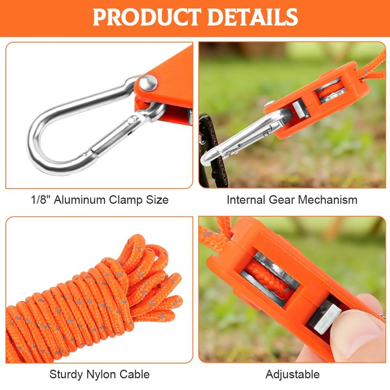 NUTKIT 6PCS Tent Guy Ropes, 4mm Ratchet Guy Ropes with