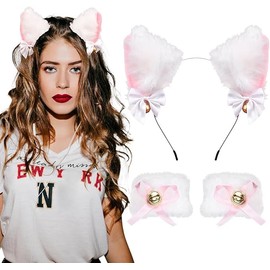 Cat Headband Cat's ears headdress and Plush wristband (White, One size)
