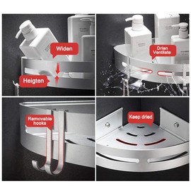 Laimew Widen Corner Shelves Shower Caddy Corner with Hooks No Drilling Alunimun Bathroom Shelf Kitchen Storage Organizer (Corner Silver)