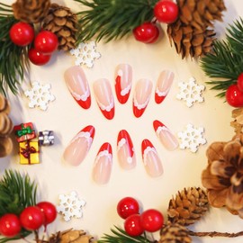 RUOKEXIN Christmas Press on Nails Short Almond Fake Nails Red False Nails with Santa Hat Designs Red French Tip Christmas Nail Press ons Cute Artificial Nails Holiday Stick on Nails for Women 24Pcs