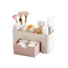 White Makeup Organizer with Pink Drawer and Compartments, Makeup Storage, Cosmetics, Beauty Products and Jewelry, Ideal for Dresser, Bedroom and Bathroom