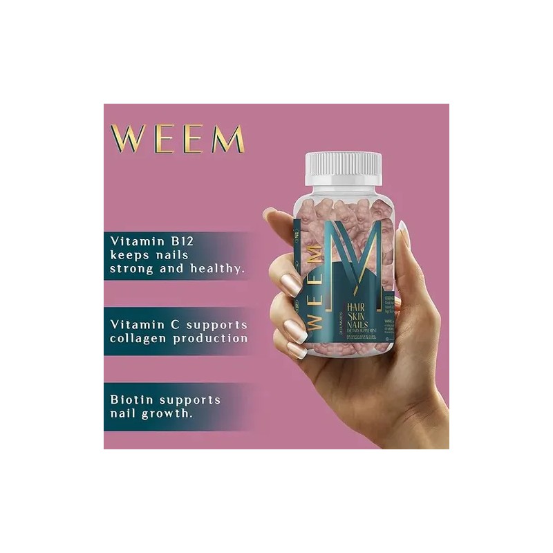 Weem Cabello, Piel Y Uñas 60 Gummies Con Biotina Frambuesa