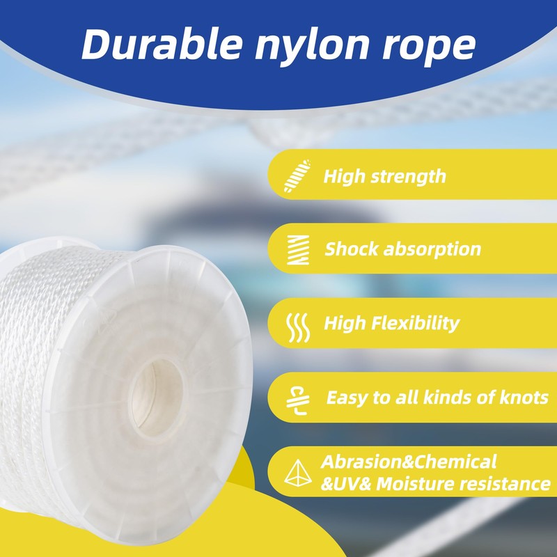 SDLTHR White Nylon Rope 1/4inch 100ft Braided Multi-Purpose Ropes for