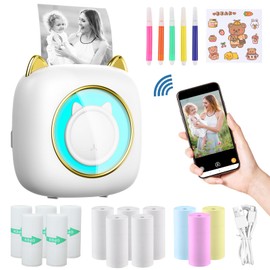 Mini Printer, Thermal Sticker Printer, Inkless Bluetooth Photo Printer, Pocket Sticker Printer, Handheld Portable Printer for Study Notes, Diagrams, Photos, Journals, and Product Labels - White