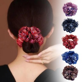 Flower Hair Scrunchies for Women,Rhinestone Elastic Hair Bands,Large Elastic Hair Ties, Sparkling Crystal Ponytail Holders Hair for Parties Daily Use Elastics and Ties Hair Accessories (Black)