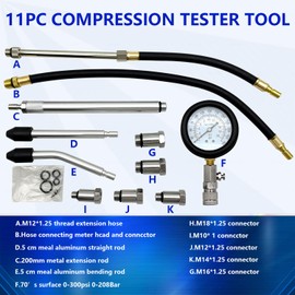 ZKTOOL 11PC(All Vehicles) 300 Psi Engine Cylinder Compression Tester with M10 M12 M14 M16 M18, Automotive Engine Compression Tester Adapter Kit.