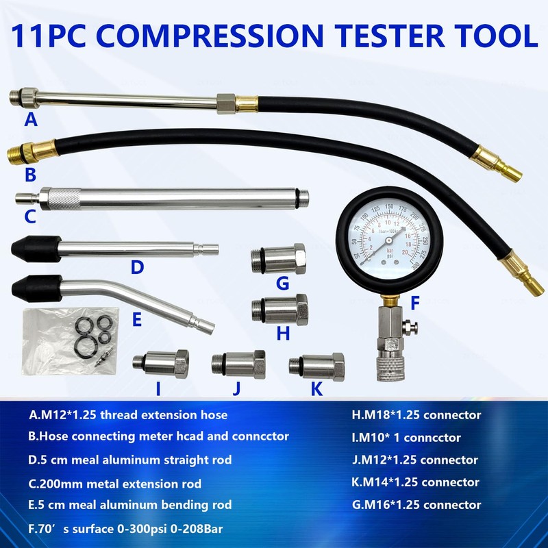 ZKTOOL 11PC(All Vehicles) 300 Psi Engine Cylinder Compression Tester with