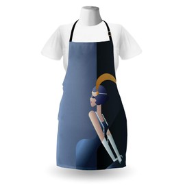 Ambesonne Retro Apron, 20s Style Short Hair Flapper Girl with Pearl Necklace and Hair Band, Unisex Kitchen Bib Apron with Adjustable Neck for Cooking Baking Gardening, Blue Grey and Dark Blue