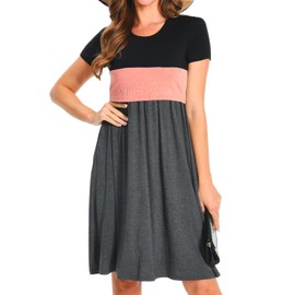 Bearsland Women’s Short Sleeve Nursing Dress Patchwork Breastfeeding Dress with Pocket, Orange, L