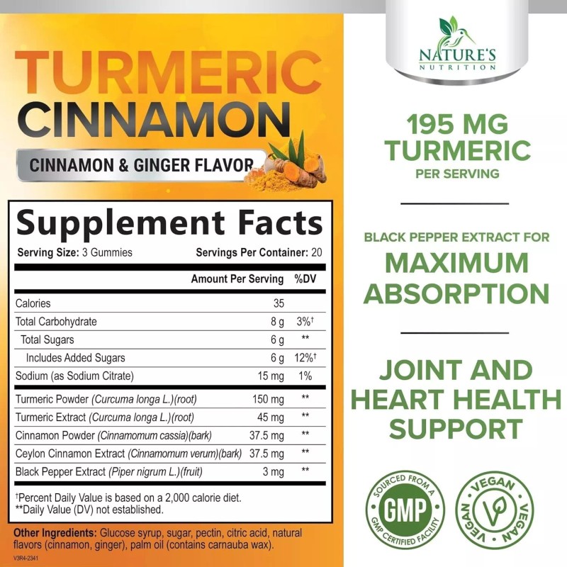 Nature's Nutrition Turmeric Ginger Cinnamon Gummies - Vegan Turmeric Curcumin