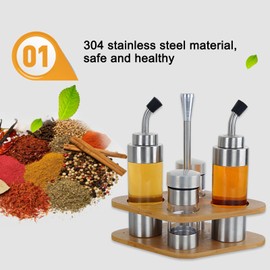 Salt and Pepper Shakers, Olive Oil and Vinegar Dispenser Set with Wood Holder Glass Spice Dispenser for Home Kitchen Restaurant