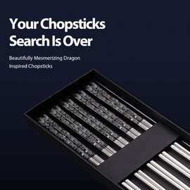 Hagary Dragon Chopsticks Metal Reusable Designed In Korea Japanese Style Stainless Steel 316 18/10 Non-Slip Dishwasher Safe Laser Etched (Black - 5 Pairs)