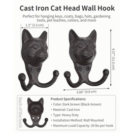 RIXIGOOD Cast Iron Wall Hooks - Heavy Duty Cat Head Coat Hooks Wall Mount, Decorative Vintage Key Hook Leash Holder Bag Hanger for Entryway Mudroom, Rustic Farmhouse Animal Decor 2 Pack
