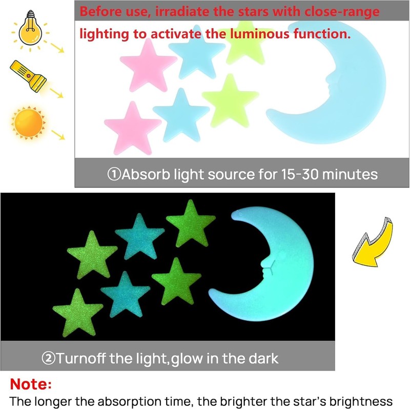 Fokmuaex 52pcs Glow-in-The-Dark Stars and Moon Wall Stickers for Kids