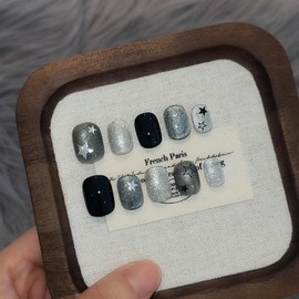 TENPAL Glitter Cat Eye Press On Nails 10 Pcs with Tools Kit - Handmade Black Grey Starry Sparkle Glue on Nails, Glossy Short Square Edgy Sweet False Nails,Reusable Fake Nails for Date Night Party(L)