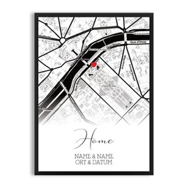 Home Zuhause Geschenk Poster | MIT Bilderrahmen schwarz oder weiß gerahmt | Herz Bild mit Landkarte, Name & Datum personalisiert | Home incl. Rahmen