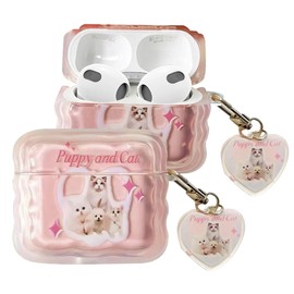 ECZOIL Cute Case Compatible for AirPods 4th Generation, Cute Cartoon Wave Pink Cat Soft Clear Gradient TPU Earphone Protective Case with Love Cat Keychain-Pink