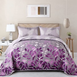 Purple Floral Quilt Set King Size, 3 Pieces Botancal Leaves Bedspread Coverlet Set with 2 Pillowcases for All Season, Soft Microfiber Floral Bedding Set 104"×90"