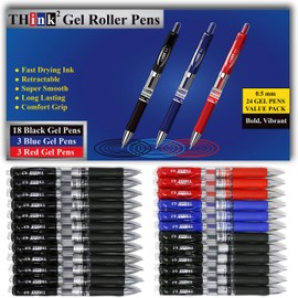 THINK2MASTER [24 Pens - 3 Colors] Think2 Retractable Gel Pens. (18 Black, 3 Red, 3 Blue) Fine Point (0.5mm) Rollerball Pens with Comfort Grip.