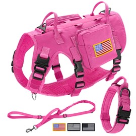 Forestpaw Pink Tactical Dog Vest Harness and Easy Control Training Dog Collar with Bungee Dog Leash Set No Pull Military Dog Harness with Backpack for Medium Large Dogs(Chest 21.5-45.0")