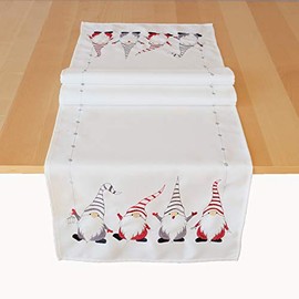 Table Linen with Embroidery Motif Gnome Christmas Winter (40 x 140 cm, Wool White/Colourful)