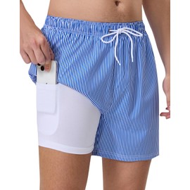 Roxdme - Traje de baño para hombre con forro de compresión de 5 pulgadas, pantalones cortos de playa elásticos 2 en 1, secado rápido con bolsillos con cierre, pantalones cortos de tabla, Azul Blanco