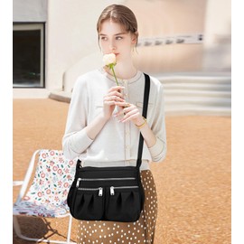 SODOLLEE Women Shoulder Bag Fashion Print Crossbody Bag Lightweight Ladies Cross Body Bag Multiple Pockets Nylon Messenger Bag for Shopping Travel Black