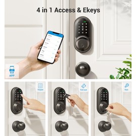 Veise RZ06C Smart Locks for Front Door, 2 Knob Handle Set, Keyless Entry Deadbolt, App Control, Electronic Touchscreen Digital Keypad, Auto Lock, Easy Installation, IP54 Waterproof, Matte Black