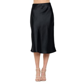 Women Solid High Waist Silky Casual Elastic Satin Midi Skirt - Made in USA(Medium,Black)