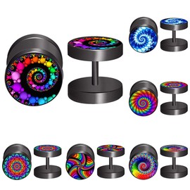 FLYUN 6Pairs Sacred Geometry Men's Earring Fake Gauges Faux Plug Earrings for Men Black Fractal Flourish Swirls Art (E - Fibonacci Spiral)