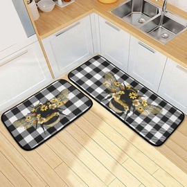 Bee Kitchen Rugs Set of 2 Anti Fatigue Buffalo Plaid Kitchen Mats Non-Slip Soft Absorbent Buffalo Plaid Floor Mats Microfiber Doormat Carpet Kitchen Decor 20"x28"+20"x47"