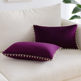 Sungeek Pack of 2 Decorative Cushion Covers Soft Velvet Pompoms Pillow Covers with Invisible Zipper Home Decor Throw Pillow Cases for Sofa Bedroom Living Room 30x50cm Eggplant Purple