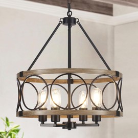 Farmhouse Chandelier for Dining Room Light Fixture 4-Light 17.71” Rustic Black and Brown Metal Wood Grain Round Pendant Kitchen Island Lighting Hanging Drum Chandeliers for Foyer Entryway Living Room
