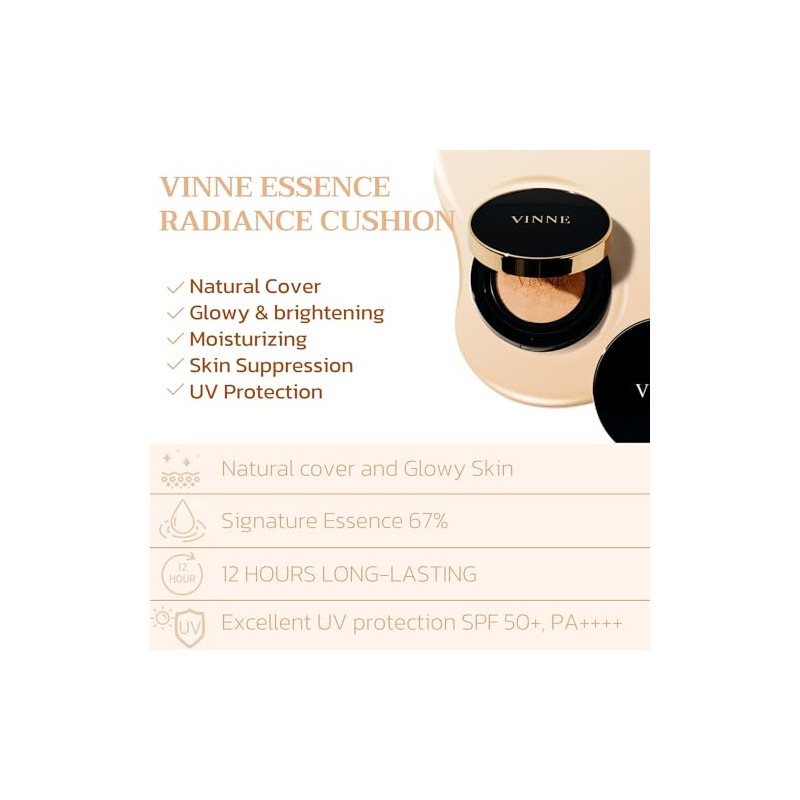 VINNE Base De Maquillaje Coreana En Formato Cushion, Ligera, Acabado