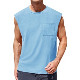 ZIWOCH Mens Sleeveless Tank Tops Workout Cut Off Shirts Muscle Gym T Shirts with Pocket Light Blue